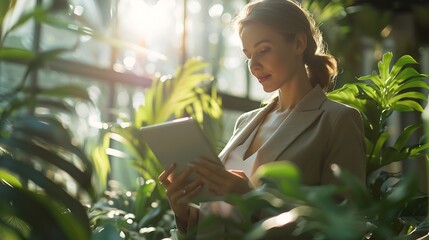Aufkleber - A focused woman in business attire efficiently works on a tablet in a modern sunlit office space with a conference table and greenery in the foreground : Generative AI