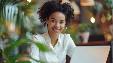 Poster - Young smiling confident happy successful employee IT business woman wears white shirt casual clothes hold use work on laptop pc computer surfing internet sit at office desk Achievement : Generative AI
