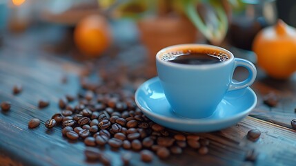 Aufkleber - A cup of aromatic black coffee and coffee beans on the table Morning Coffee Espresso for breakfast in a beautiful blue cup : Generative AI