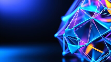Poster - A colorful, abstract image of a cube with a blue background. The cube is made up of many different colored lines and shapes, creating a sense of movement and energy. Scene is dynamic and lively