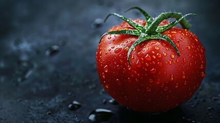 Poster - Red tomato with water drops on a dark background Organic vegetables : Generative AI