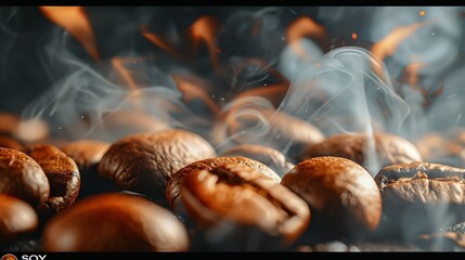 Aufkleber - Roasted coffee beans Seeds of freshly roasted coffee with smoke Coffee beans closeup with emphasis on the grain with smoke : Generative AI