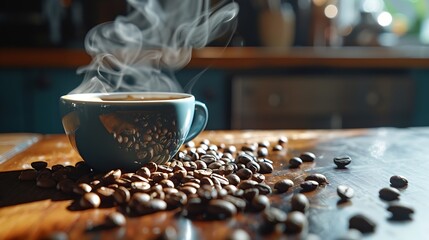 Poster - Steaming coffee in cup and roasted beans on table : Generative AI