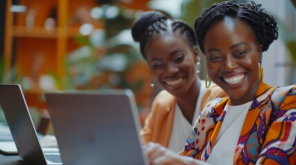 Aufkleber - Two happy African American businesswomen using laptops with smiling female consultant Expressing joy surprise Working together Online business concept in finance marketing : Generative AI
