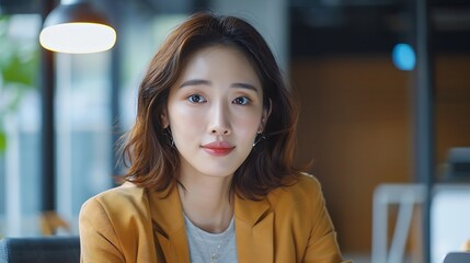 Poster - Young asian woman sitting on online business meeting in office talking to laptop camera explaining something : Generative AI