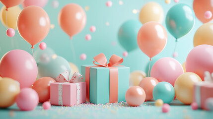 Wall Mural - Pastel balloons and gift boxes with confetti on festive background