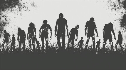 silhouette of group of zombies horde walking in the destroyed ruins of a city after zombie apocalypse outbreak