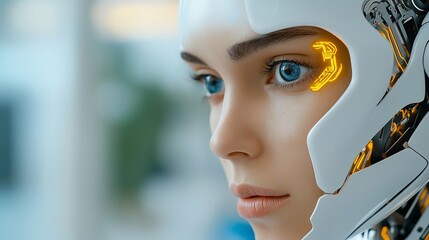 Poster - A woman with a white helmet on her head with a blue eye. The helmet has a yellow light on it