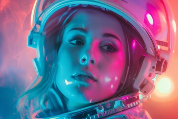 Image of a gorgeous woman dressed in a polished aluminum suit as an astronaut, space explorer in the retro futurism style of the 1950's. Stock Image.