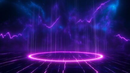 Vibrant neon purple circle on a futuristic abstract background with glowing lights and electric energy lines.