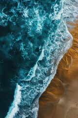 Wall Mural - Aerial View of Ocean Waves Crashing on Sandy Shore