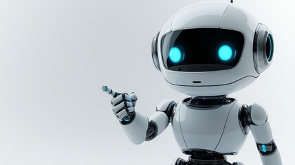 Poster - a robot is pointing to the right. the robot is white and blue