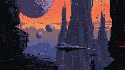 Wall Mural - Old school sci-fi city style in a retro futuristic setting. Retro cityscape surrounded by space.