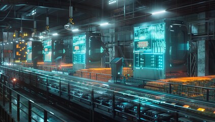 Poster - A futuristic warehouse interior with glowing holographic displays and digital interfaces transporting packages. Storage concept.