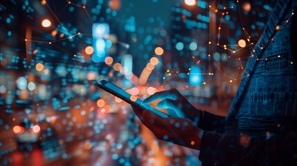Aufkleber - Digital technology internet global network technology concept Business man using digital tablet computer with global internet network connection smart city background data exchange eco : Generative AI
