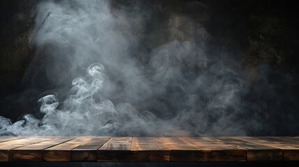 Poster - On a black background an empty wooden table with smoke floats up Empty space for displaying your products with a smoke float up on a dark background Space available for displaying your : Generative AI