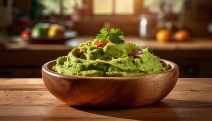 Guacamole in a wooden bowl on a wooden table on a kitchen background