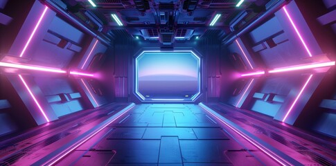 Poster - a futuristic door with a blue light neon view. a space future technology sci fi background scene.