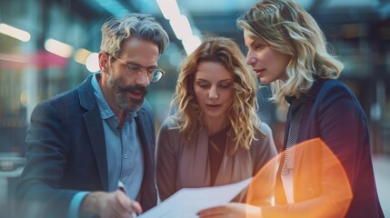 Poster - Three business people huddling and discussing a document in an office Group of business professionals contributing their ideas and expertise as they collaborate on a project for their  : Generative AI