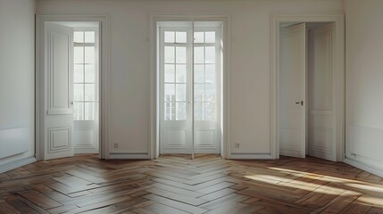 General view of two adjacent small bright rooms with parquet floors : Generative AI