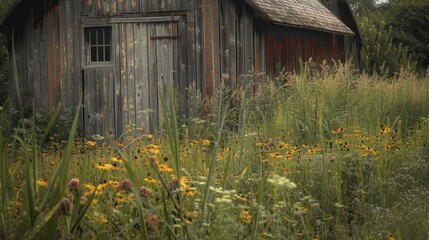 Canvas Print - A rustic barn with a brown weathered finish, surrounded by tall grasses and wildflowers