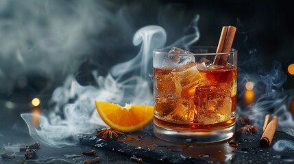 Poster - Smoked old fashioned rum cocktail or whiskey with ice and cinnamon stick  on old black rocks with slice of orange Copy space Dark background with smoke : Generative AI