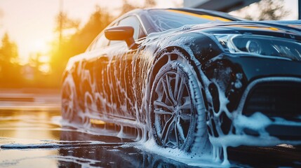 modern black car covered by soap suds being washed at sunset