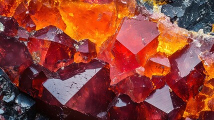 Zincite surface in extreme close-up, highlighting its vibrant color transitions from deep red to bright orange with intricate crystal formations.