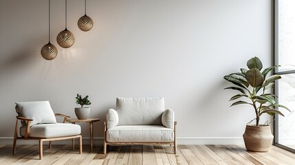 Aufkleber - Interior living room wall mockup with sofa chair side table and hanging lights on white wall background with wooden flooring : Generative AI