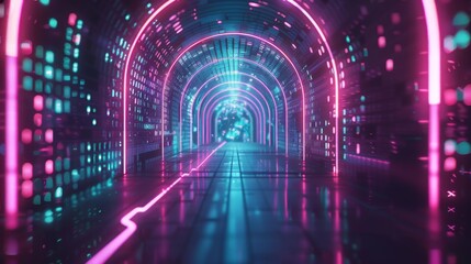 Poster - High-tech and immersive digital tunnel with glowing lights and reflections that's ideal for sci-fi events.