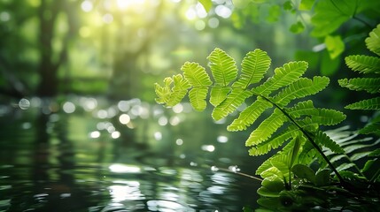 Wall Mural - Fresh  green  Lygodium  ferns   Yanliphao perhed  on  the  trees  in  swamp  forest  wetlands Rayong  Botanic  Garden famous  attractions  landmark Rayong  ProvinceThailand : Generative AI