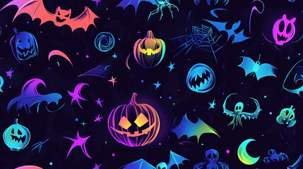 A seamless pattern with holographic halloween illustrations. Glowing neon background. 