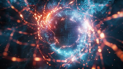 Poster - The digital art creation shows a colorful abstract vortex with neon lights and a grid pattern illustrating futuristic and sci-fi concepts.