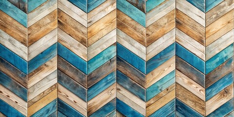 Wall Mural - Stylish chevron wooden pattern with alternating blue and beige planks, creating a modern and rustic aesthetic, Chevron, wooden