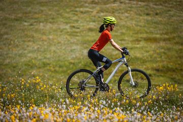 Poster - Woman riding mountain bike on beautiful flowering grassland mountain top