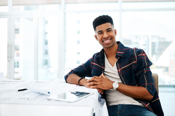 Wall Mural - Smile, architect and portrait of black man in office with paperwork, tablet and creative in business. Blueprint, planning and happy designer at desk with confidence, project management or development