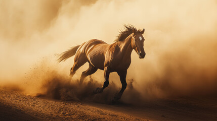 a wild stallion kicks up dust.