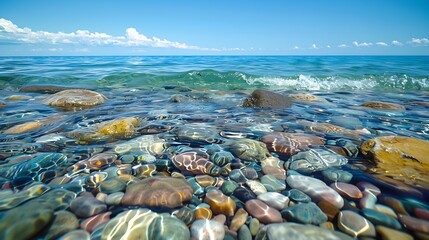 Poster - Lake Michigan lake superior great lakes petosky stones clear bright blue water with a light blue sky rocky beach Rough waves : Generative AI