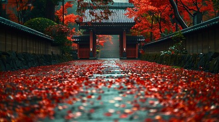 Poster - Autumn in Japan Kyoto entrance of the temple Bishamondo covered with red leaves : Generative AI
