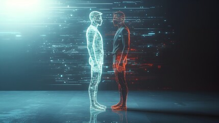 Poster - Digital Twin Standing Alongside Futuristic Physical Person with Ample Copy Space at the Top for Text Overlay  Concept of Future Identity Virtual Reality and Intelligence