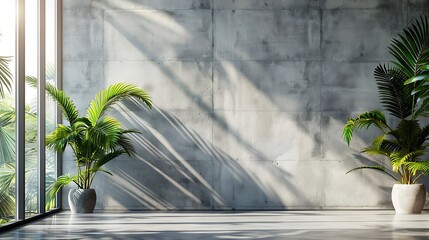 Poster - Blank concrete wall in modern empty room with tropical plant garden Luxury house interior with green palm trees Minimal architecture design : Generative AI