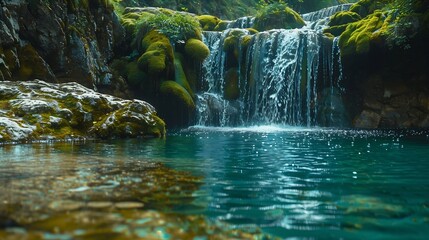Poster - Tranquil waterfall with mosscovered rocks and clear teal water exhibiting serene natural beauty : Generative AI