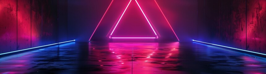 Poster - Neon light triangle in dark hallway with reflective floor, blue and pink glow.