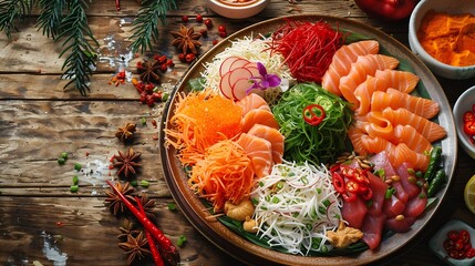 Poster - chinese new year asian local Malaysia yu sheng lo hei colorful salad vegan abalone salmon sweet sauce powder platter on wood table halal asian food restaurant banquet cafe menu : Generative AI
