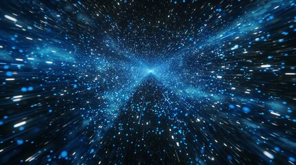 Poster - A futuristic abstract pattern with glowing blue lines and dots radiating from a central point on dark background, suggesting a sense of innovation and dynamic energy.