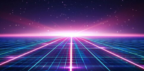 Poster - Blue-Purple Glows and Laser Grid in a futuristic background. Concept Futuristic Backgrounds, Laser Grid, Starry Sky.