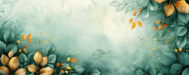 Wall Mural - Elegant abstract banner featuring golden leaves with a soft teal gradient and artistic splashes of texture.