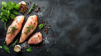 Poster - Fresh chicken fillet on a dark concrete table with spices and herbs Preparation for cooking meat dishes : Generative AI