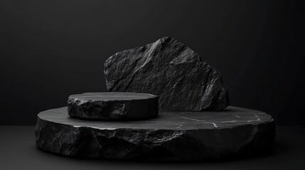 A black stone platform with a circular, uneven top surface, surrounded by two more smaller black stone platforms, one round and one irregular, set against a dark gray backdrop, 