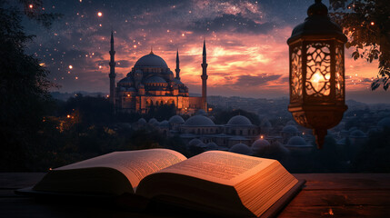 Open Book with Lantern and Mosque at Dusk under Starry Sky